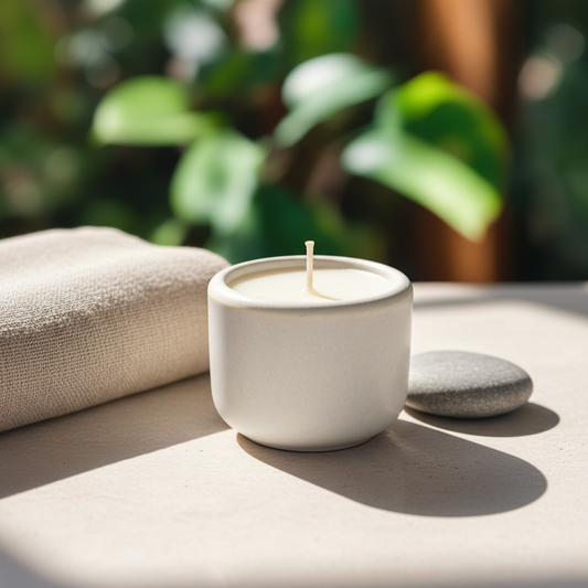Bougie en pot céramique dans une ambiance spa minimaliste