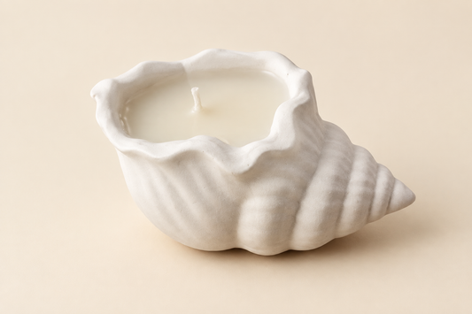 Bougie blanche en forme de coquillage spiralé, avec cire et mèche visibles, photographiée sur fond ivoire.
