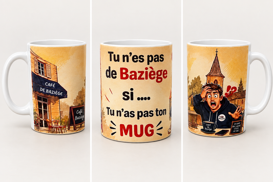Mug Baziège vu sous trois angles pour montrer ses trois faces