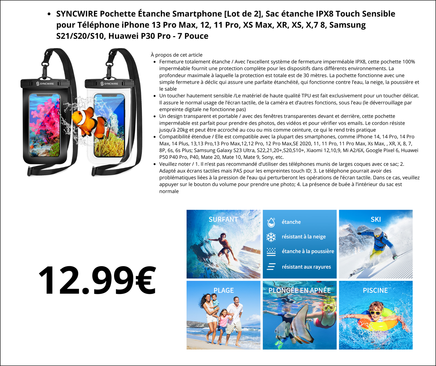 Sac étanche IPX8 Touch Sensible pour Téléphone (2 pochettes par boite)