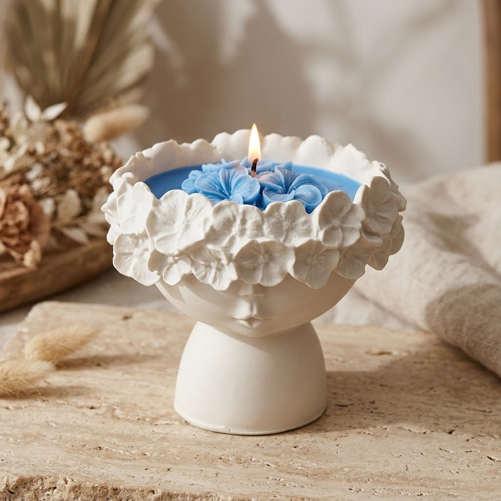 Bougie La Flora allumée dans un pot en jesmonite blanc en forme de fleur posé sur un pied sculpté, cire bleue décorée de fleurs en cire