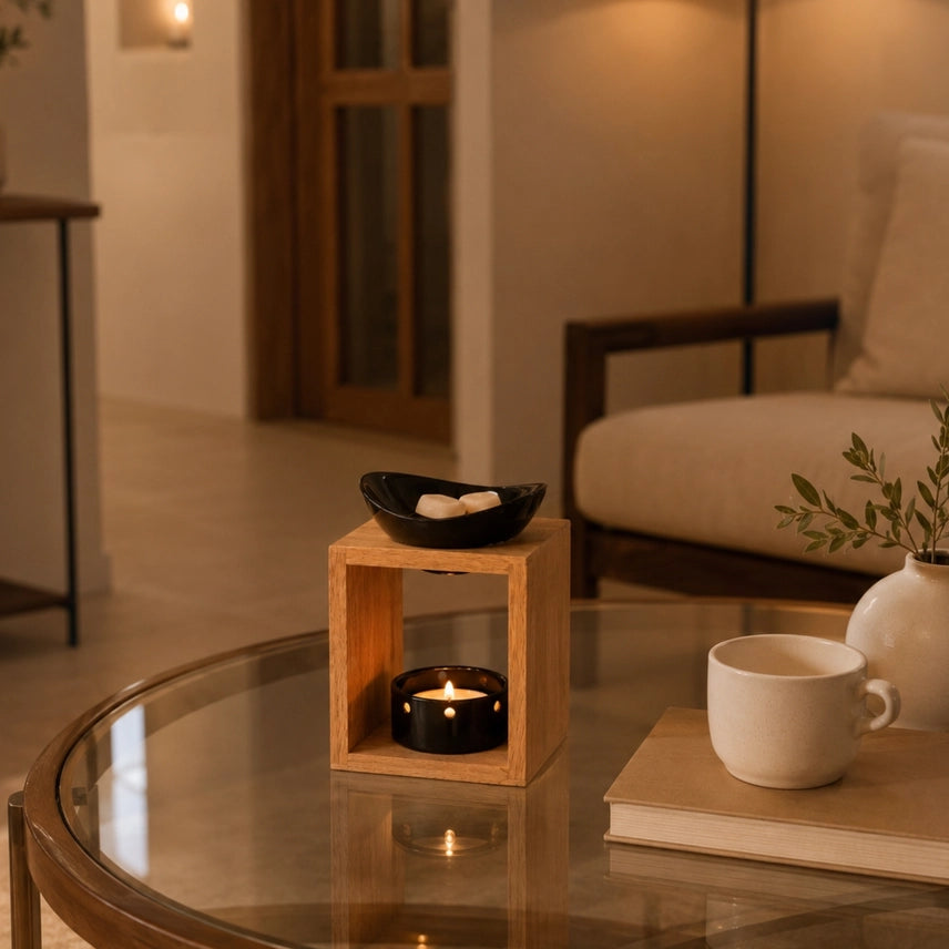 Brûle-parfum Kalos en bambou et céramique noire, avec fondants et bougie allumée, sur une table de salon. 
