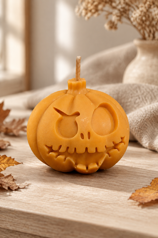 Bougie orange en forme de citrouille au visage grimaçant, avec une mèche, sur un meuble en bois entouré de feuilles d’automne.
