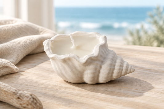 Bougie blanche en forme de coquillage spiralé, avec cire et mèche visibles, sur une table en bois devant une vue sur la mer.

