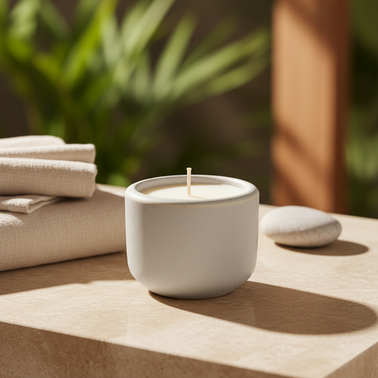 Bougie en pot céramique dans une ambiance spa chaleureuse