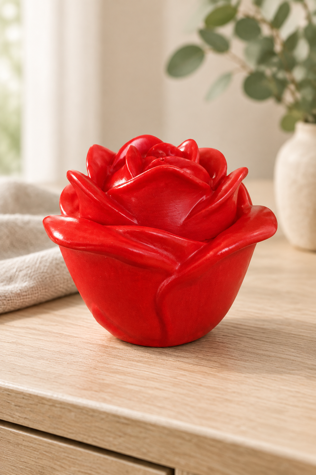 Contenant rouge brillant en forme de rose aux pétales en relief, sur un meuble en bois clair avec du feuillage en arrière-plan.
