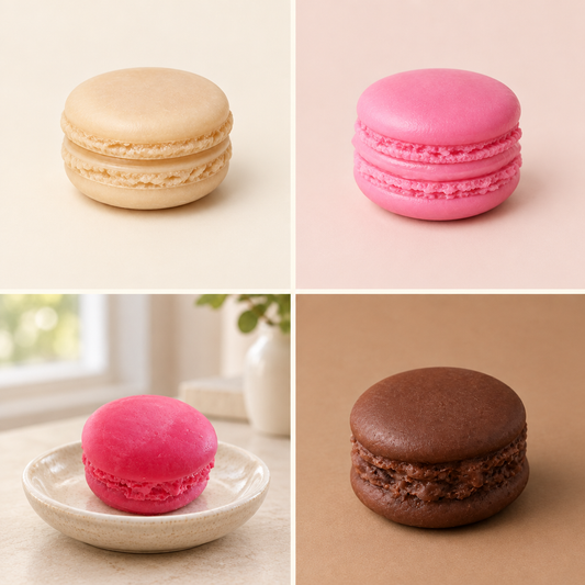 Montage des fondants Macaron crème, rose, en contexte et chocolat