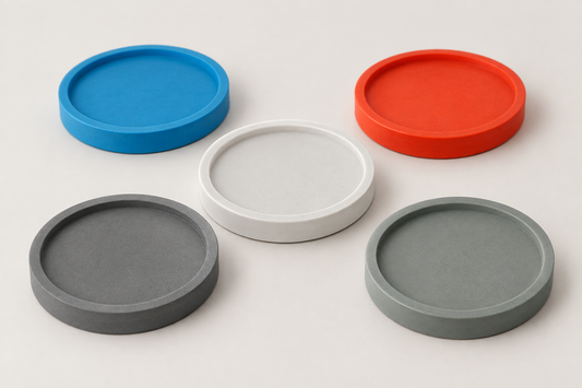 Petit plateau rond en jesmonite, présentation de plusieurs coloris